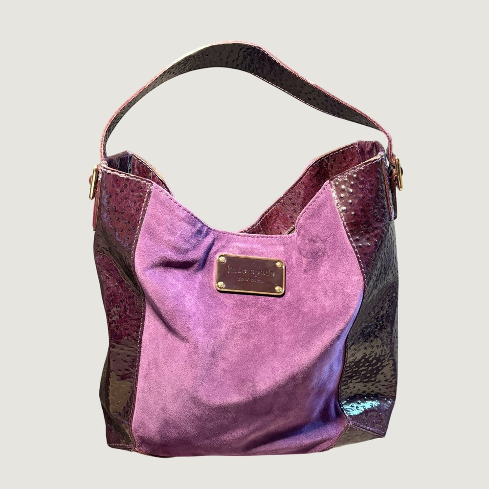 Kate Spade Suede Shoulder Bag Large Purple Patent Ostrich Embossed Slouchy Hobo